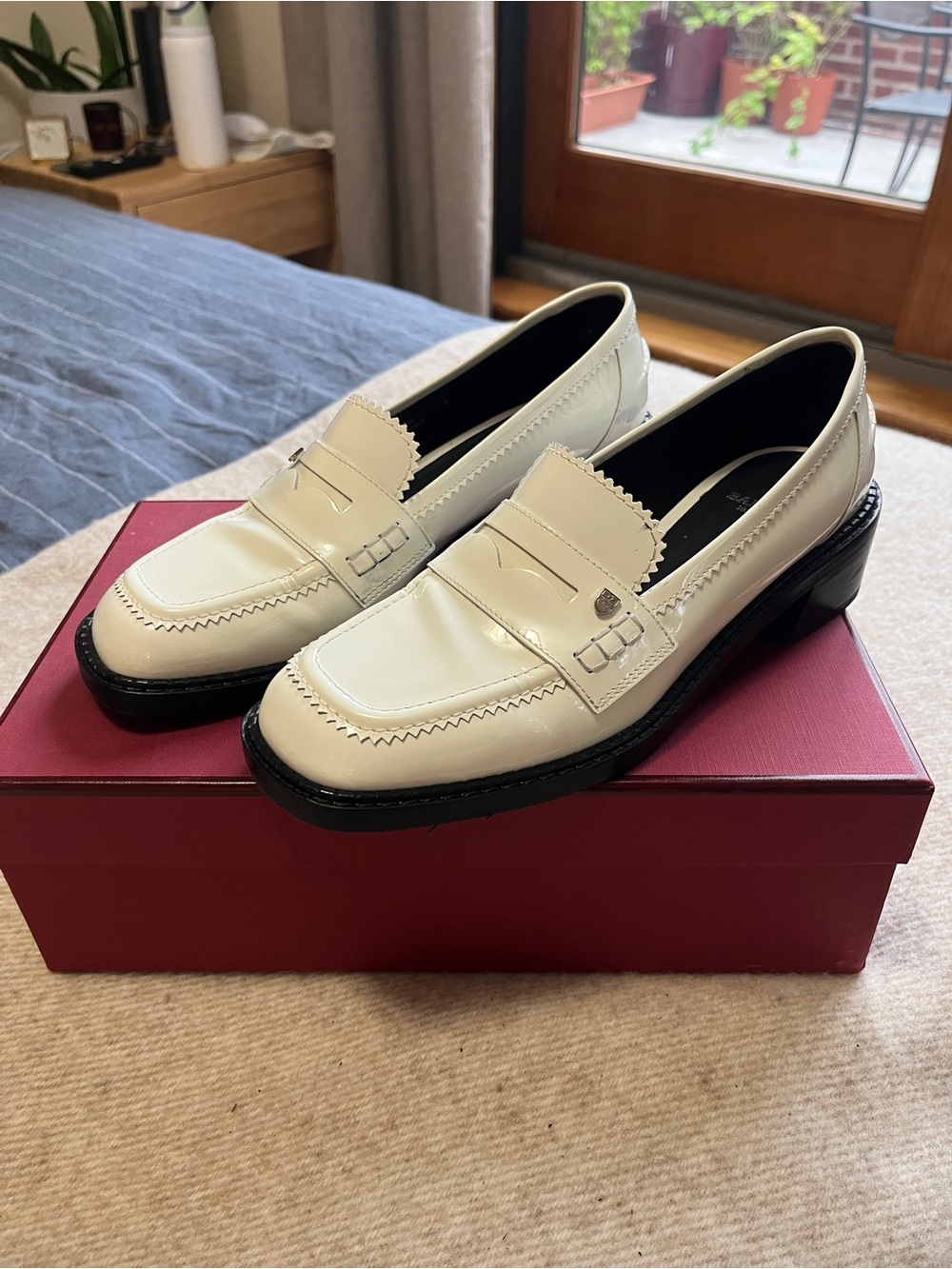 Bally Ella 35 White Patent Leather Penny Loafers with Black Sole